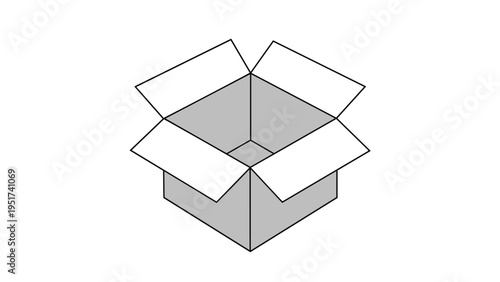 Open empty cardboard box stands alone on a white background representing shipping delivery storage or moving into a new home or office.
