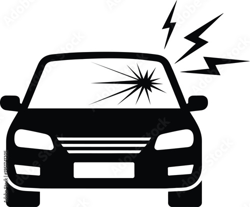 Car struck by lightning causing front windshield damage illustration