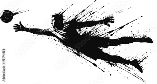 Goalkeeper diving to catch soccer ball dynamic black ink silhouette sport illustration soccer goalie in action save shot