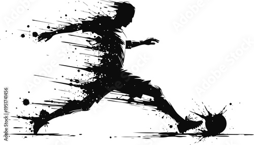 Dynamic black silhouette of a soccer player kicking the ball with motion splash effect