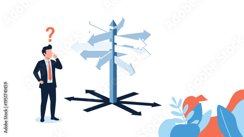 Confused businessman stands before a signpost with many arrows pointing in different directions reflecting difficult decision making.