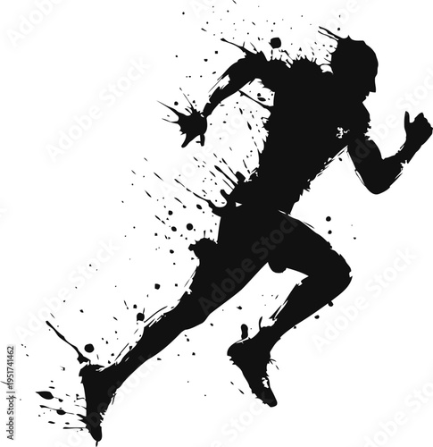 Dynamic silhouette of a running athlete with ink splatter effect in motion and speed concept
