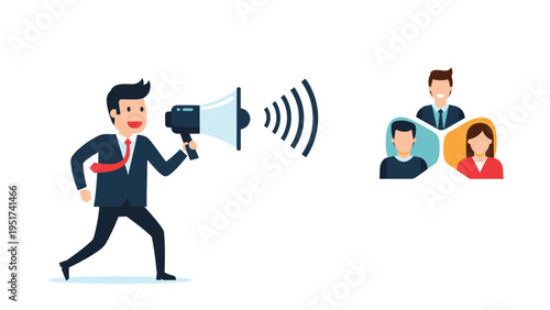 Corporate leader uses a megaphone to communicate an important message or instruction to his diverse team members during a meeting.