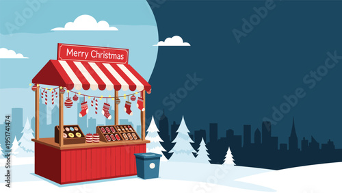 Festive Christmas market stall selling sweets and decorations in a snowy city landscape under a full moon creates a magical winter atmosphere.