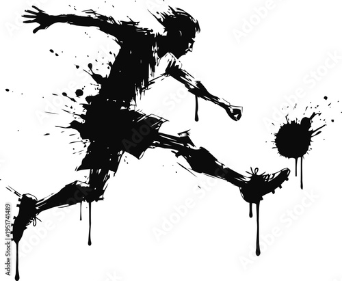 Dynamic splatter silhouette of a soccer player kicking the ball in motion