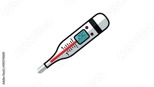 Digital medical thermometer showing a high temperature reading of thirty-eight degrees on a white background illustration.