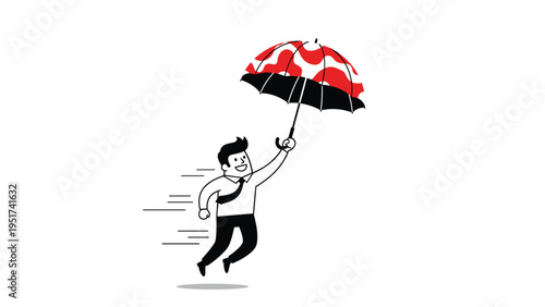 Creative professional man uses a red patterned umbrella to fly through the air representing freedom and unconventional career paths.