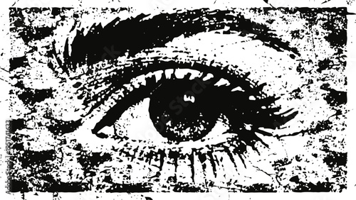 Grunge textured human eye illustration with rough distressed effect and bold black strokes