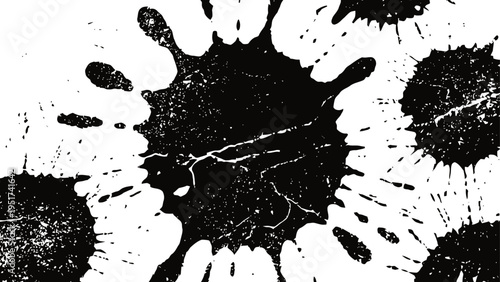 Abstract black ink splatter with radial paint strokes on white background