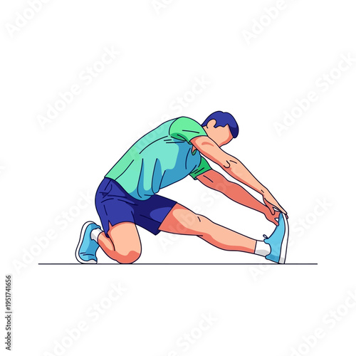 Man stretching leg on floor, fitness exercise, athletic workout, healthy lifestyle, illustration