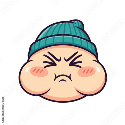 Cute Cartoon Character Puffed Cheeks Angry Expression with Teal Beanie Hat