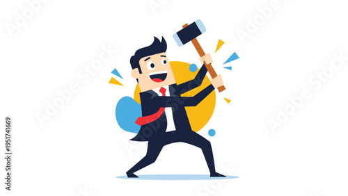 Joyful businessman in a formal suit swings a large hammer to symbolize hard work breaking through barriers or building something new.