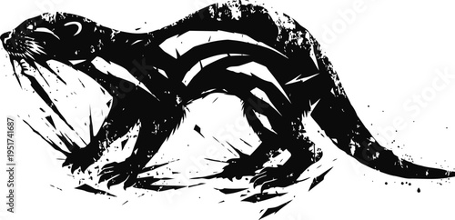 Monochrome ink illustration of a small rodent with stripes and a long tail in dynamic brush stroke