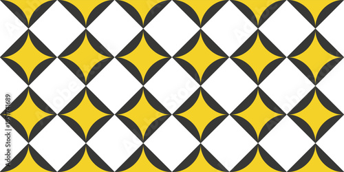 A seamless geometric pattern featuring yellow stars within diamond shapes on a contrasting black and white background.