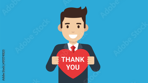 Friendly male character in a suit holds a large red heart with a thank you message to show gratitude and customer appreciation.
