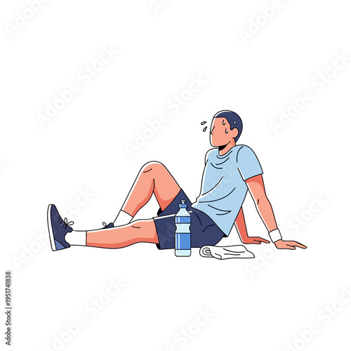 Man resting after workout, tired athlete sitting on floor with water bottle and towel