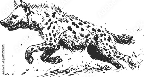 Running hyena sketch in black and white wild animal illustration with detailed fur and spots