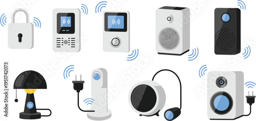 Smart Security and Home Automation Devices Set: Lock, Intercom, Speaker, and Sensor Systems in Flat Design