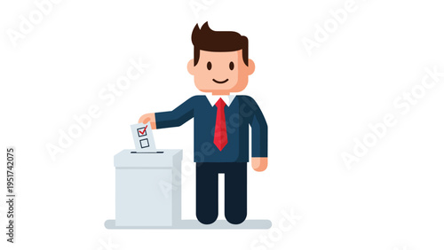 Smiling cartoon businessman character in a suit and red tie casting a checked ballot paper into a white voting box.