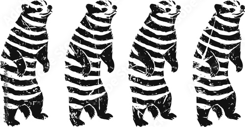 four standing meerkats with striped fur pattern, isolated animal silhouettes in black and white