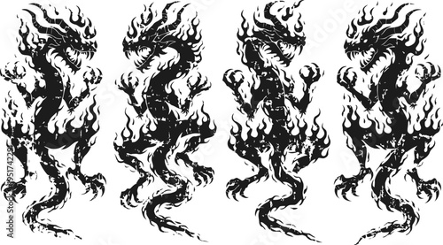 Four fiery dragons silhouettes in different poses black flame mythical creatures with fierce expressions and claws