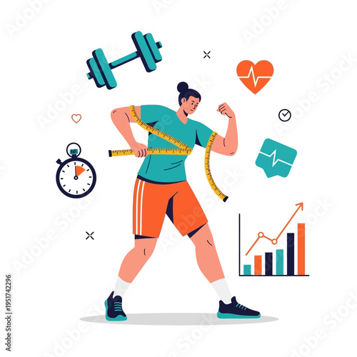Fitness Woman Measuring Waist, Health Icons, Dumbbell, Stopwatch, Heartbeat Graph