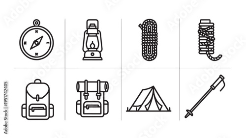 A collection of black line art icons for camping and outdoor activities, including a compass, flashlight, rope, tent, backpack, and hiking gear on a white background, useful for travel and adventure