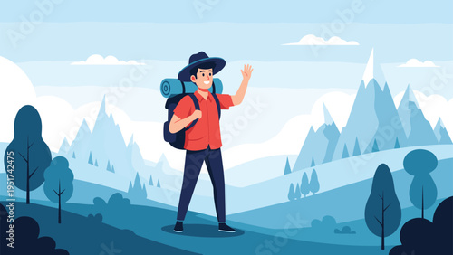 Happy young male backpacker in a hat and red shirt waving while standing against a beautiful blue mountain landscape.