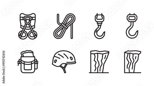 A set of line art icons featuring climbing gear and accessories, including a harness, ropes, hooks, helmet, and tree trunks, useful for design and educational purposes.