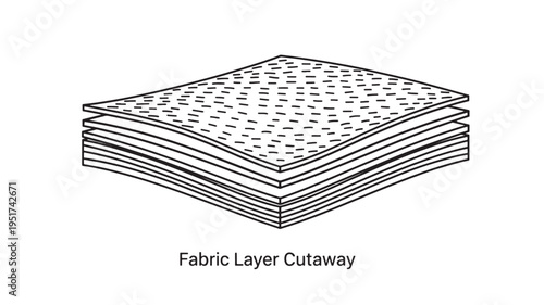 A detailed line art illustration of a fabric layer cutaway, showcasing the layered structure of textiles, ideal for educational materials, technical documentation, and industrial applications.