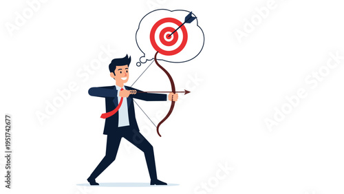 Focused businessman aims a bow and arrow at a target bubble representing goal setting strategy and hitting corporate objectives.
