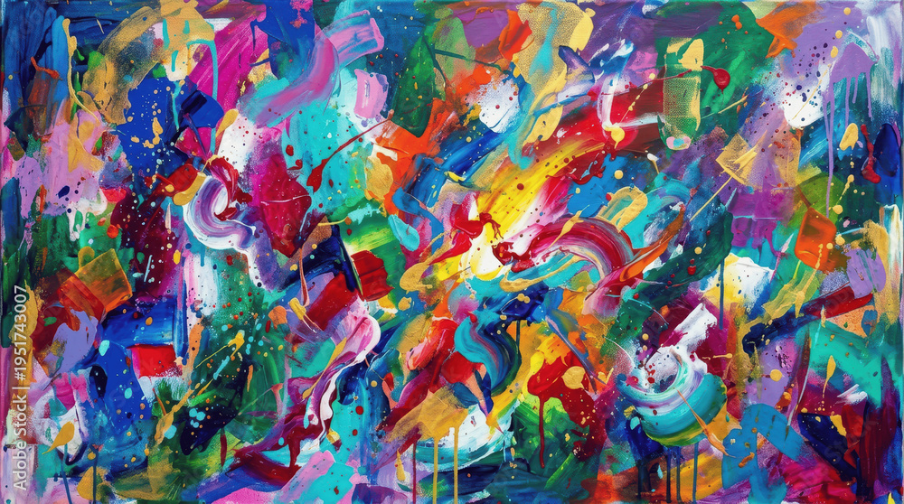 Fototapeta premium Vibrant Abstract Acrylic Palette Knife Painting with Gold Accents and Textured Brushstrokes