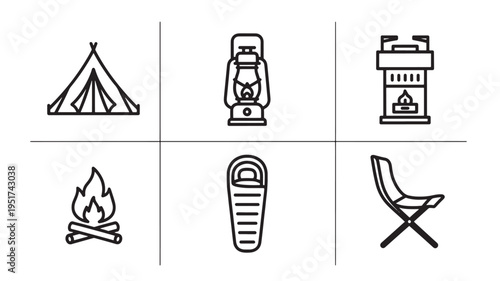 A set of black line art icons depicting camping and outdoor elements, including a tent, campfire, chair, cooler, lantern, and sleeping bag, useful for travel and adventure marketing materials