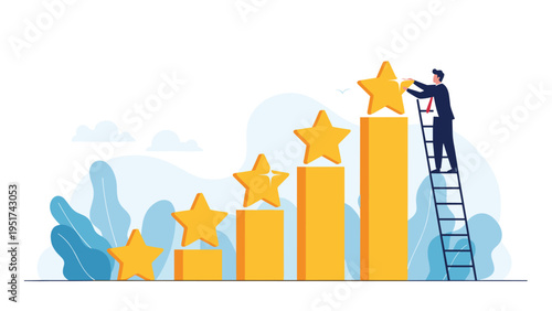 Ambitious man climbs a ladder to place a star on the highest bar of a chart to symbolize achieving top performance and high ratings.