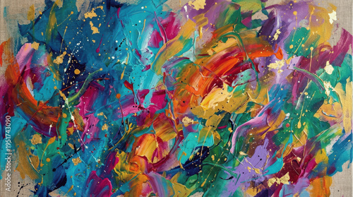 Vibrant Abstract Acrylic Palette Knife Painting with Gold Accents and Textured Brushstrokes