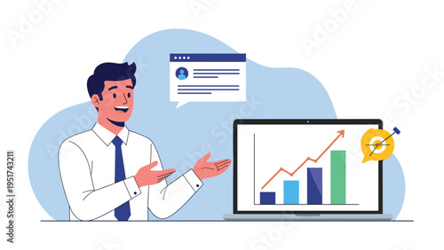 Professional man presents a growth chart showing upward trends on his laptop screen to demonstrate business success and profitability.
