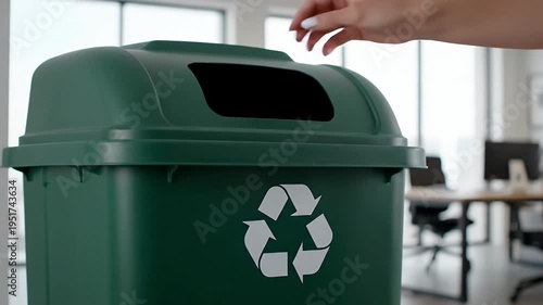 Green Office Recycling Bin with Recycle Symbol in Modern Sunlit Workplace