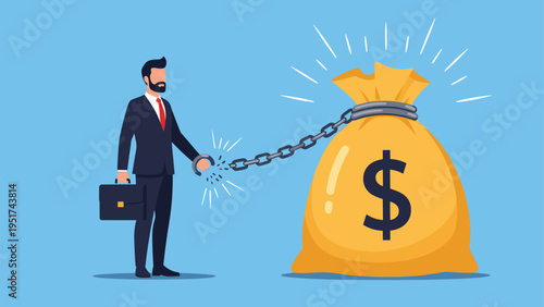 Determined businessman breaking a heavy chain that binds him to a large sack of money representing a breakthrough to financial freedom and success.