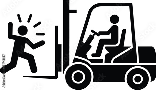 Pedestrian caution near a moving forklift in a warehouse setting