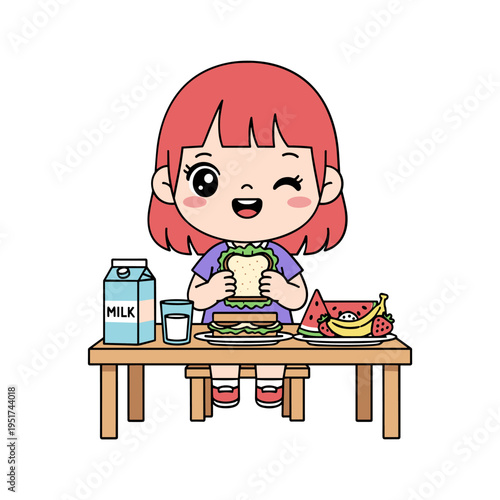 cheerful child eating healthy breakfast with milk vector illustration