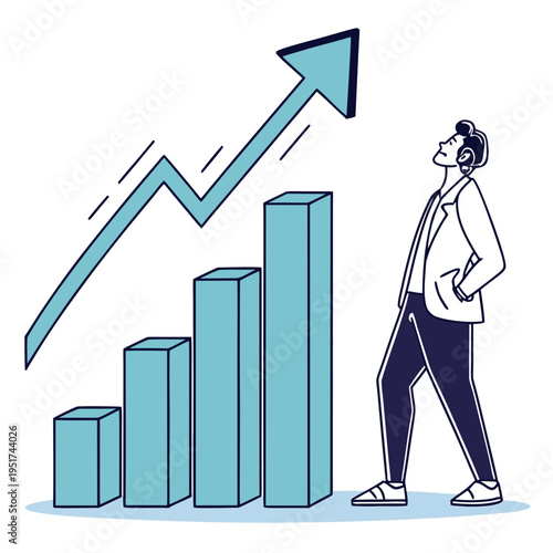 Man looking up at growing bar chart with upward arrow