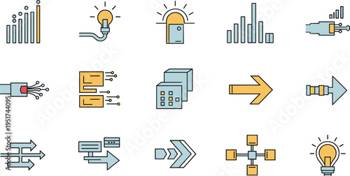 Data Flow and Network Connection Icons Set with Charts, Arrows, Servers, and Lightbulbs for Digital Systems and Innovation