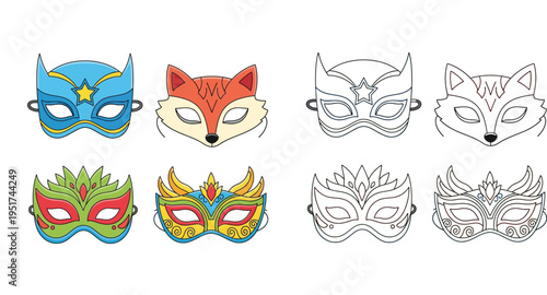 Set of party masks vector illustration including superhero, fox, and masquerade designs with outline versions for coloring pages.