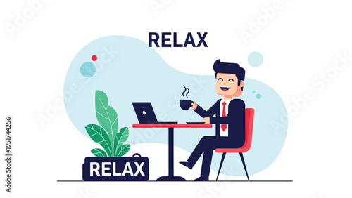 Businessman taking a relaxing break with a cup of hot coffee while working on his laptop in a calm and productive modern office environment.