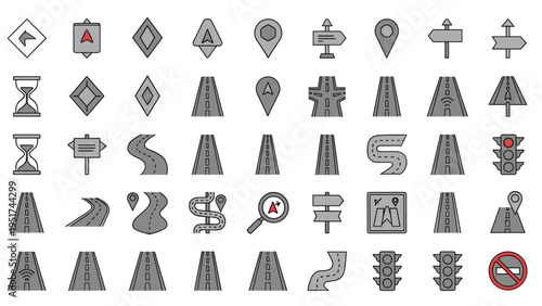 Comprehensive set of icons representing roads navigation traffic signals and directional signage for map applications and city transportation.