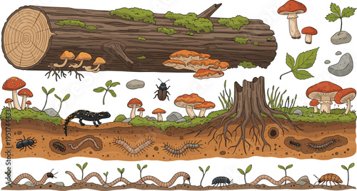 Forest soil ecosystem with log mushrooms insects worms roots and decomposition layers hand drawn vector illustration set