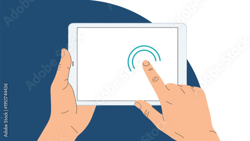 Hands holding and interacting with a white tablet computer against a dark blue background for digital communication and mobile business work.