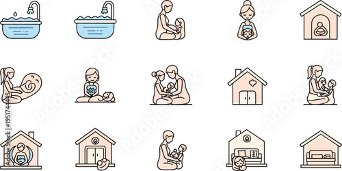 Motherhood and Infant Care Icons Set with Birthing Tub, Parent-Child Bonding, Breastfeeding, and Home Birth Support