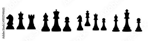 Black and white chess pieces silhouette vector art for chess game strategy and tactics illustration