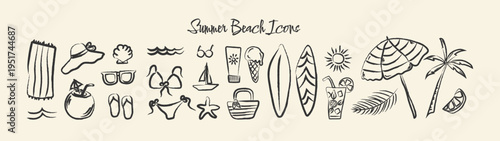 Summer Hand Drawn Icon set. Summer Vintage Elements in Doodle Pencil Style. Beach Icons in Charcoal Pencil or Chalk. Drawing ink. Travel Drawing Hand Drawn. Sketch Italian concept for graphic design. 